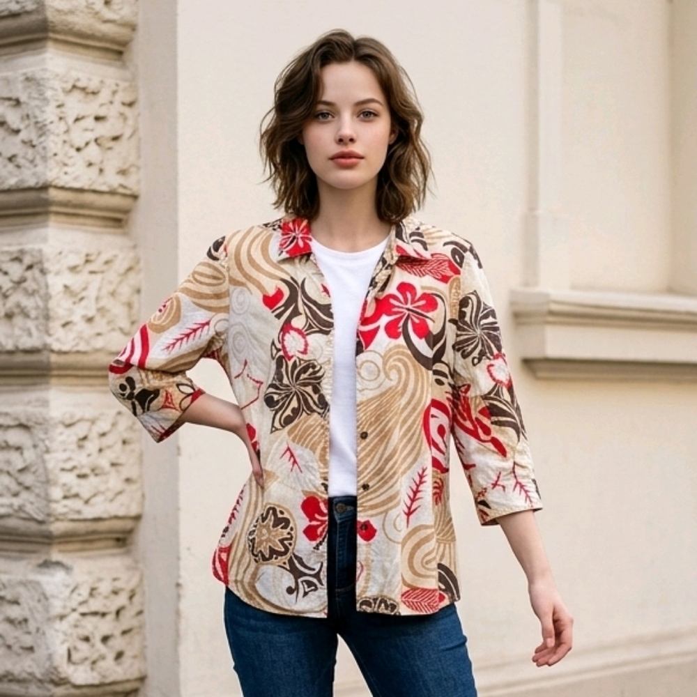 Alia Women's Embroidered Brown Hawiian Floral Hibiscus Button-Up Casual Shirt 12